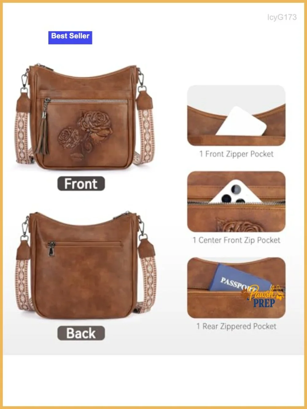 Vegan Leather Embossed Floral Hobo Crossbody Bag Lightweight Travel Purse